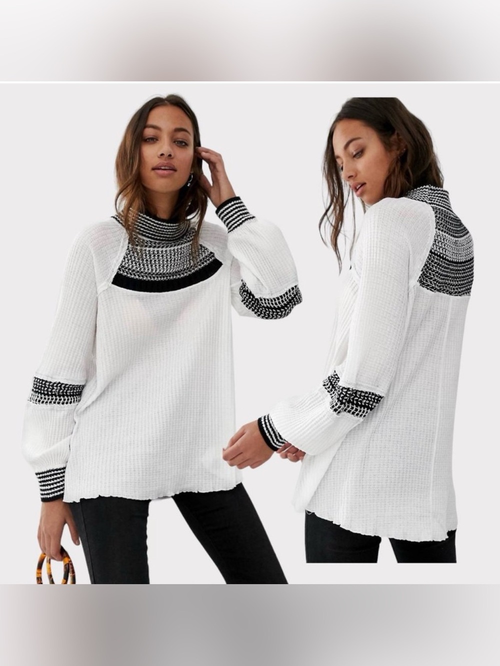 Free People Snow Day Tunic Top Medium White Black Thermal Knit Balloon Sleeve